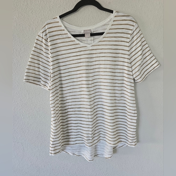 Chico’s Tee Shirt Cotton Blend  Striped Short Sleeve Sz L White Gold Athleisure - Picture 2 of 9